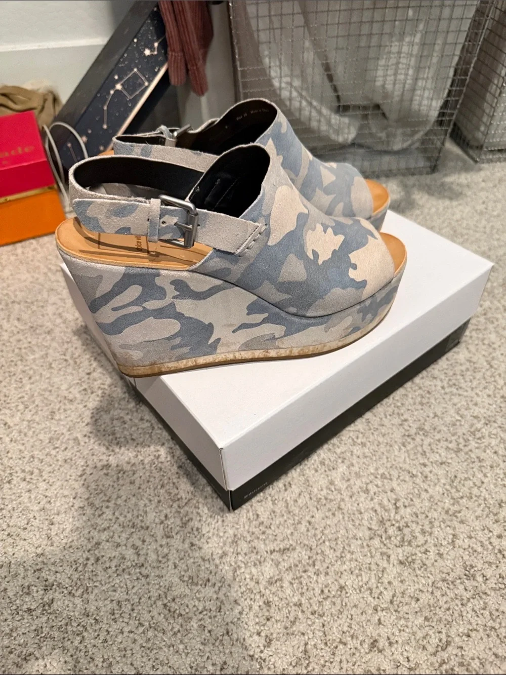 Dolce Vita Camouflage Suede Platform Sandals - Blue & Cream